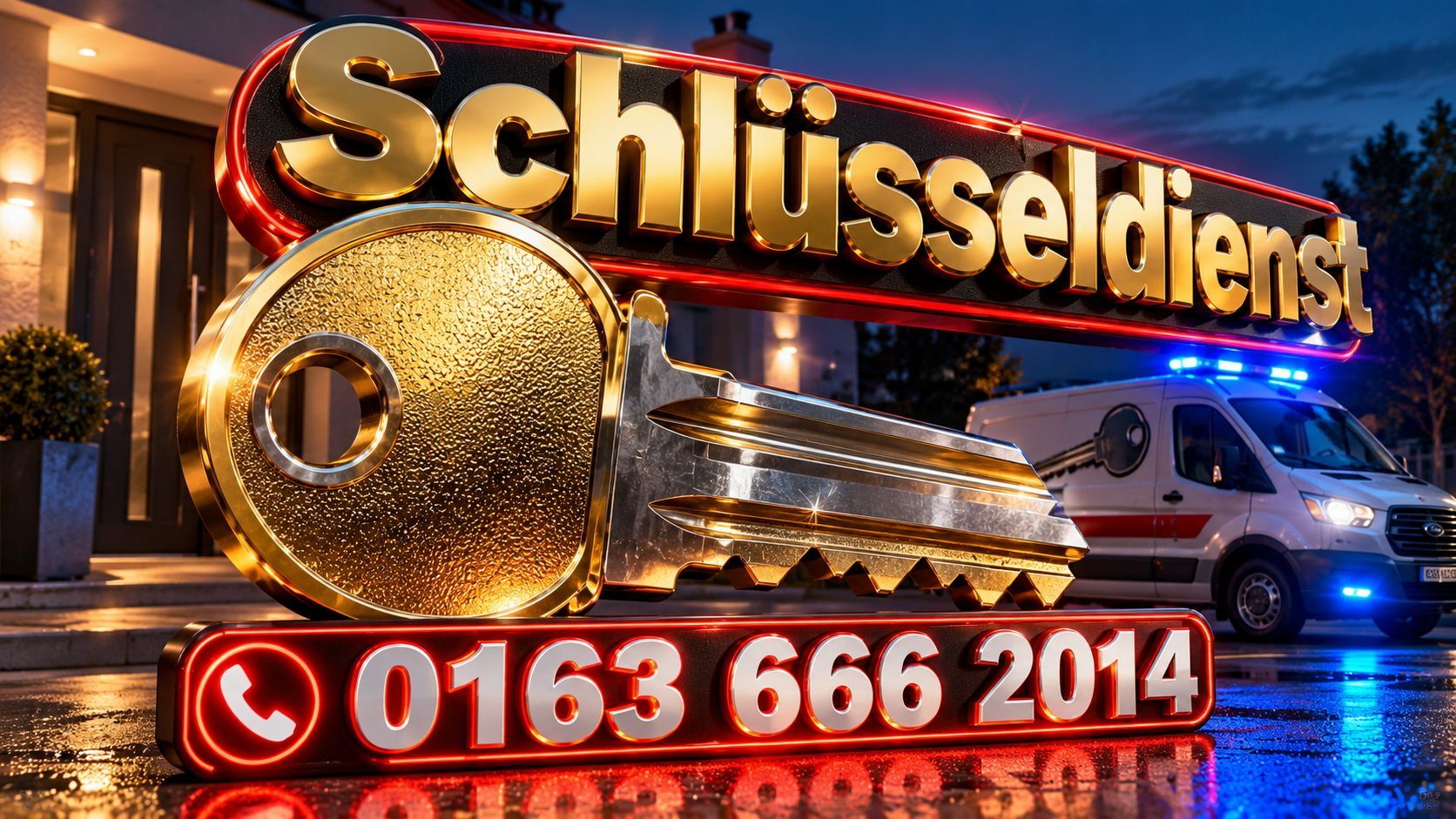 Schlüsseldienst mit goldenem Schlüssel, Notdienstfahrzeug und Telefon 0163 666 2014