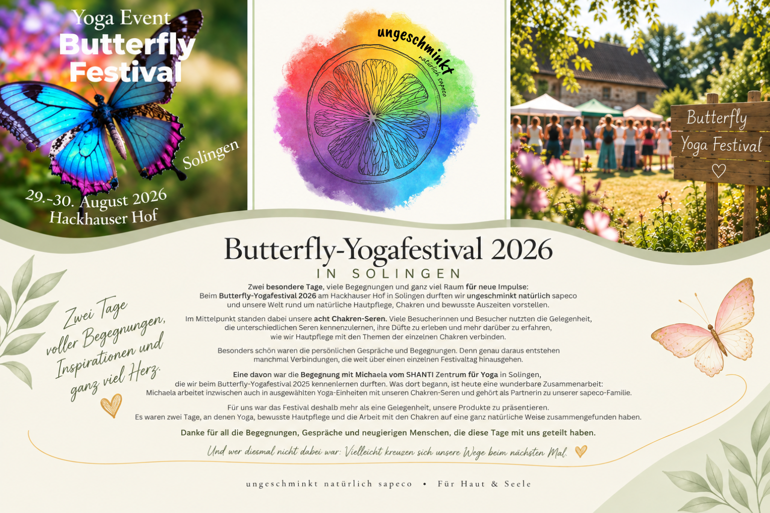 ungeschminkt natürlich sapeco beim Butterfly-Yogafestival 2026 am Hackhauser Hof in Solingen – Chakren-Seren, Yoga und Begegnungen