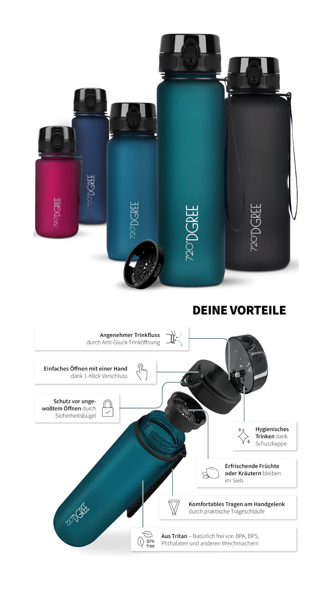 720°DGREE Trinkflasche 1l Sport “uberBottle“ softTouch +Sieb - BPA-Frei - Wasserflasche für Uni, Arbeit, Fitness, Fahrrad, Outdoor, Job - Sportflasche aus Tritan - Leicht, Stoßfest, Wiederverwendbar