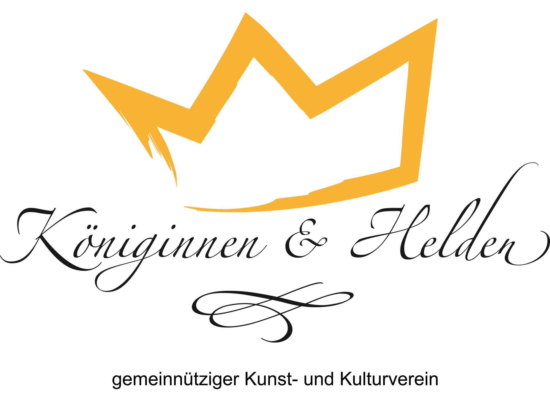 Logo mit goldener Krone und Schriftzug „Königinnen & Helden“, gemeinnütziger Kunst- und Kulturverein