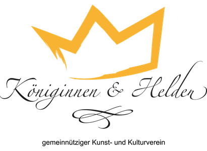 Logo mit goldener Krone und Schriftzug „Königinnen & Helden“, gemeinnütziger Kunst- und Kulturverein