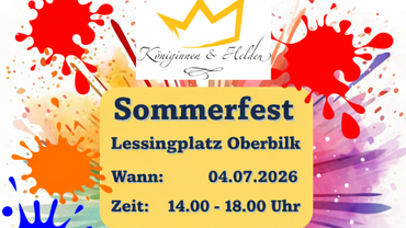 Sommerfest poster for Lessingplatz Oberbilk, 04.07.2026, 14:00–18:00 Uhr, with colorful paint splashes