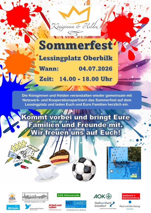 Sommerfest-Poster mit Datum, Uhrzeit und bunten Sommermotiven für ein Kita-Fest