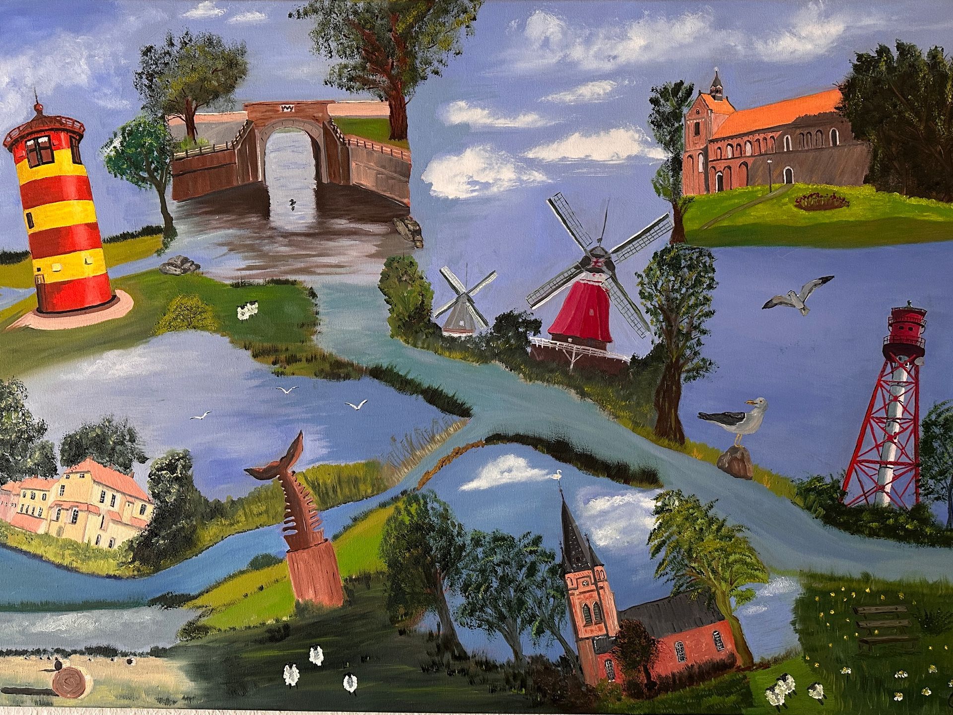 Collage Sehenswürdigkeiten aus der Krummhörn, einem rot-gelben Leuchtturm, Windmühlen, Brücken und Häusern unter blauem Himmel
