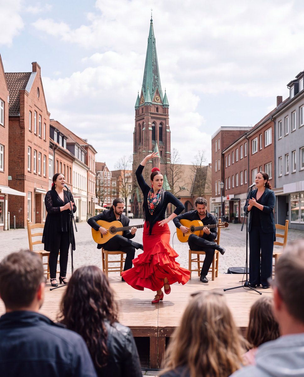Flamenco-Tänzerin in rotem Kleid tritt mit Gitarristen und Sängerinnen live auf dem Marktplatz in Elmshorn auf, im Hintergrund die Kirche St. Nikolai