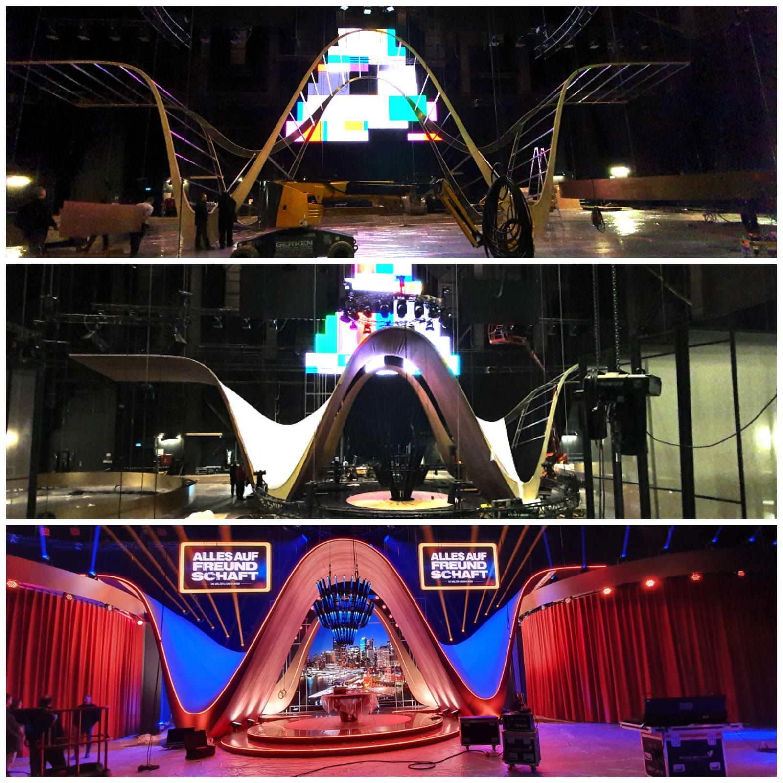 Drei Phasen des Kulissenaufbaus: ein im Bau befindliches Fernsehstudio mit einem großen Torbogen und Bildschirmen.