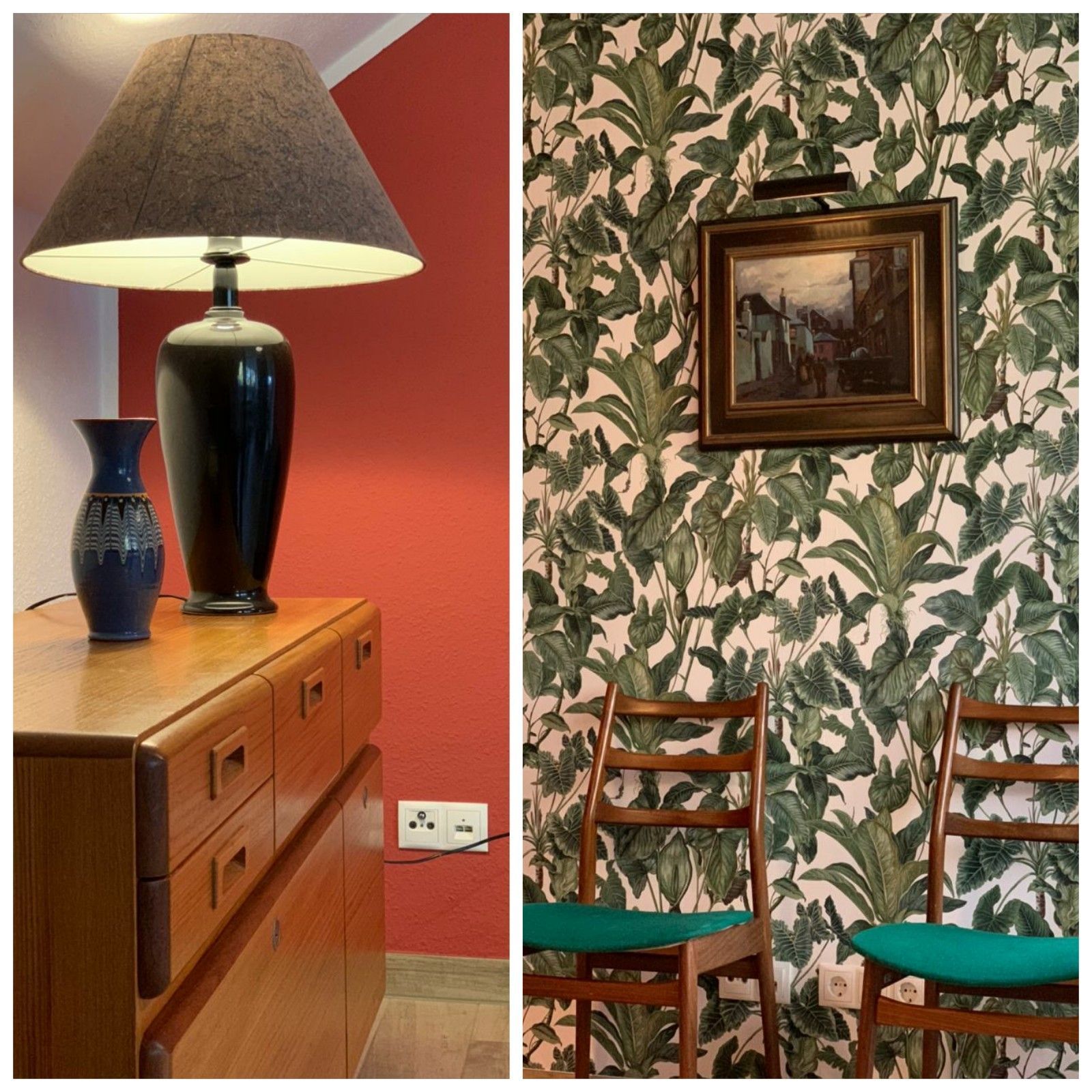 Zwei Interieurszenen: ein Holzschrank mit Lampe und Vase sowie Stühle neben Kunstwerken auf blattgemusterter Tapete.