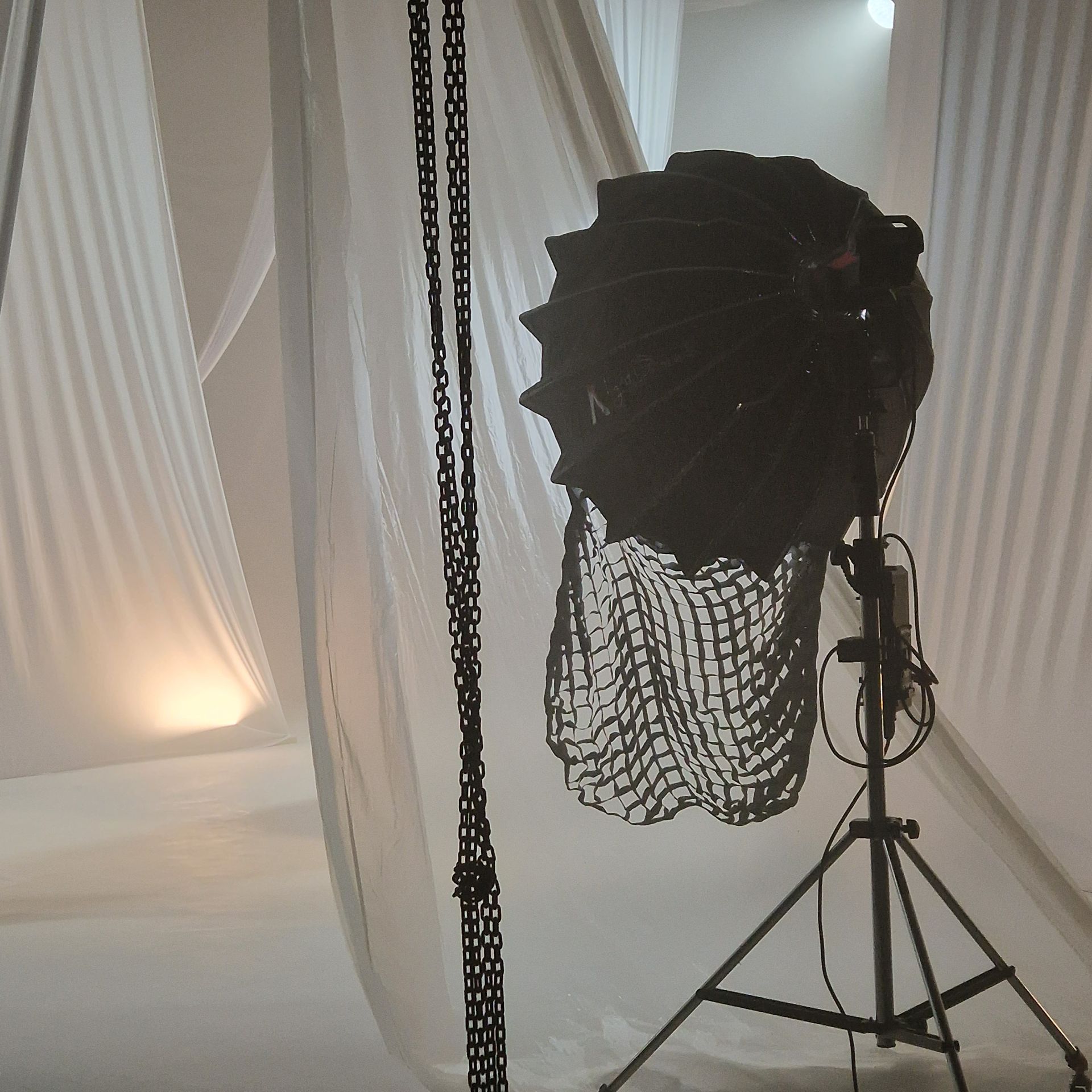 Studioaufbau mit Softbox-Licht und weißem drapiertem Hintergrund.