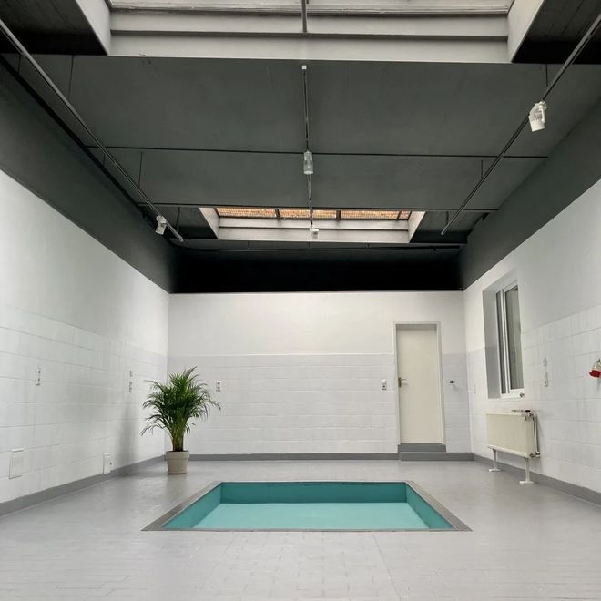 Innenraum mit rechteckigem Pool, weiß gefliesten Wänden, grauem Boden und Decke, einer Pflanze und einer Tür.