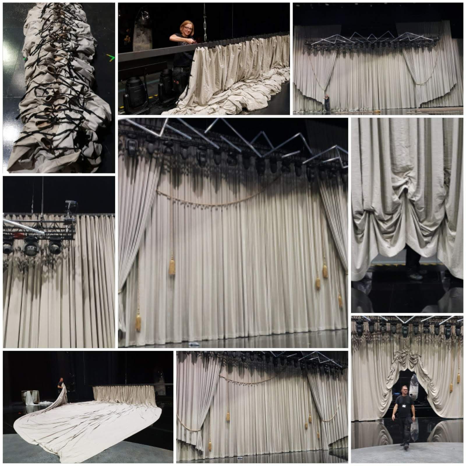 Collage von Bühnenvorhängen in verschiedenen Stilen: gefaltet, drapiert, mit Quasten und Beschlägen.