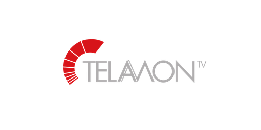 Logo von Telamon TV, mit rotem Bogenmotiv links und grauem Text auf weißem Hintergrund.