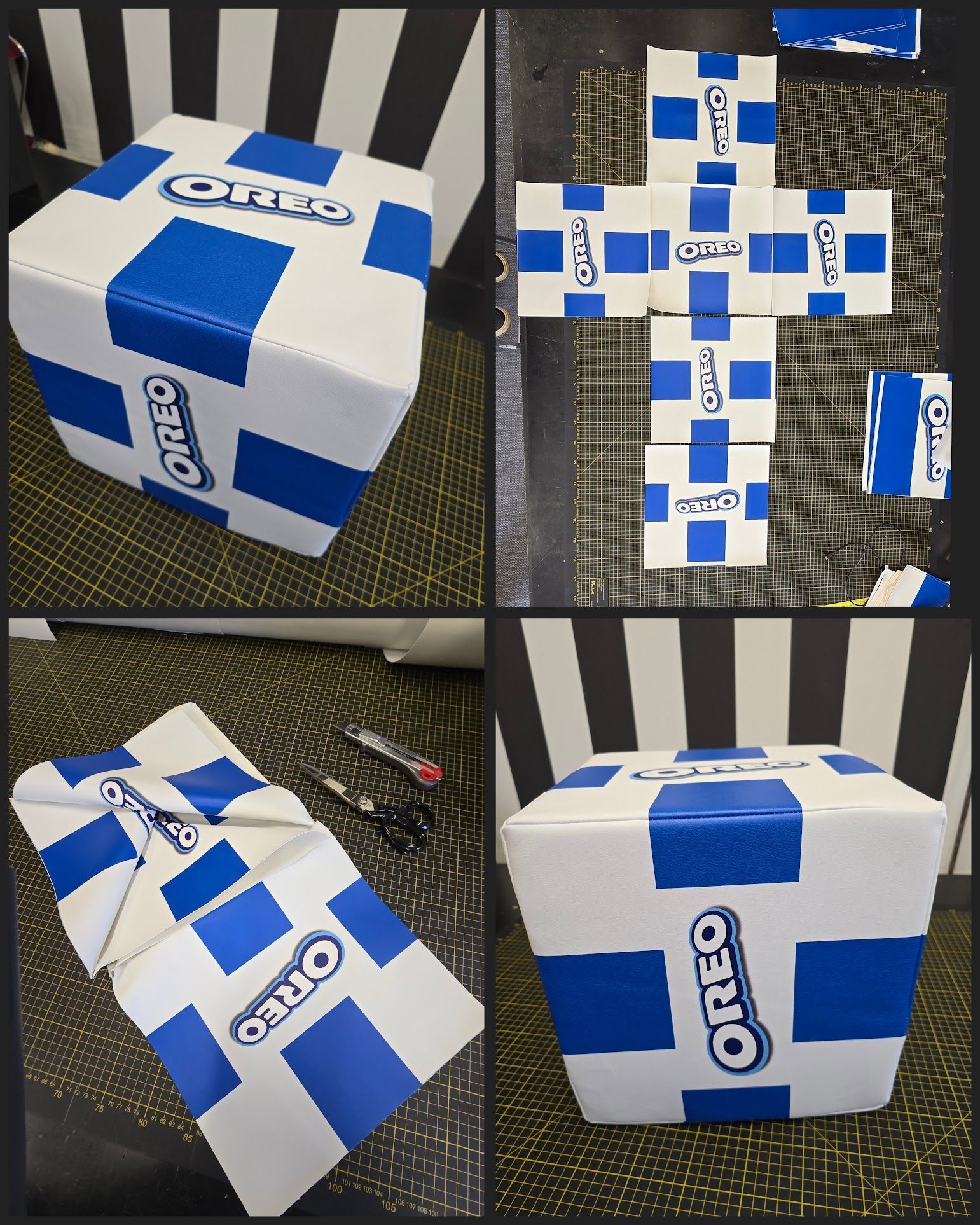 Vier Ansichten eines Oreo-Würfels: zusammengebaut, flachgelegt, teilweise gefaltet und in einer anderen Ansicht auf schwarz-weiß gestreiftem Hintergrund.