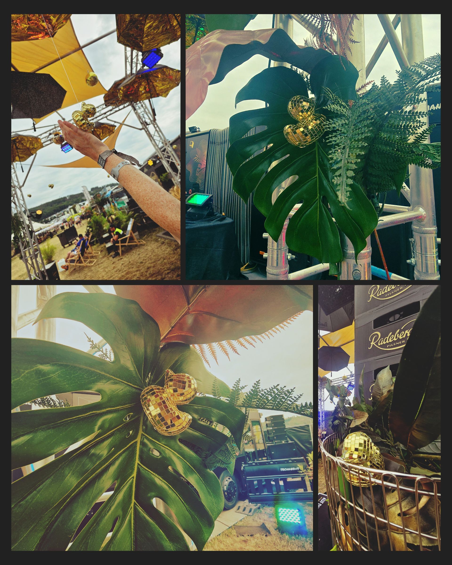 Collage: Eine Hand greift nach bunten Lichtern unter Sonnenschirmen, großen grünen Blättern mit goldenen Akzenten und einer beleuchteten Metallkonstruktion.