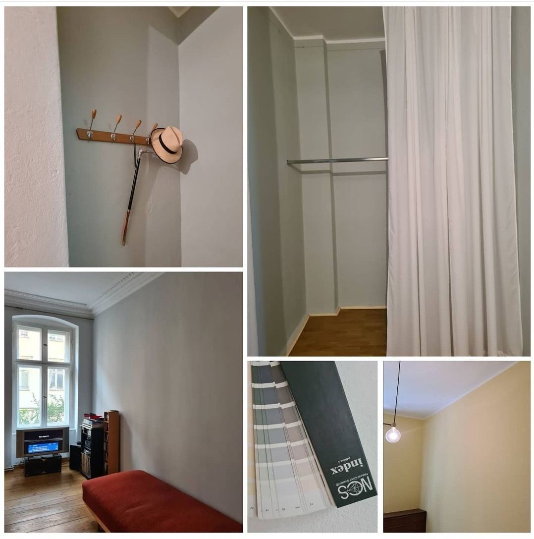 Collage: Verschiedene Ansichten eines Zimmers, darunter eine Garderobe, ein Kleiderschrank, ein Bett und Farbmuster. Die Wände sind grau gestrichen.