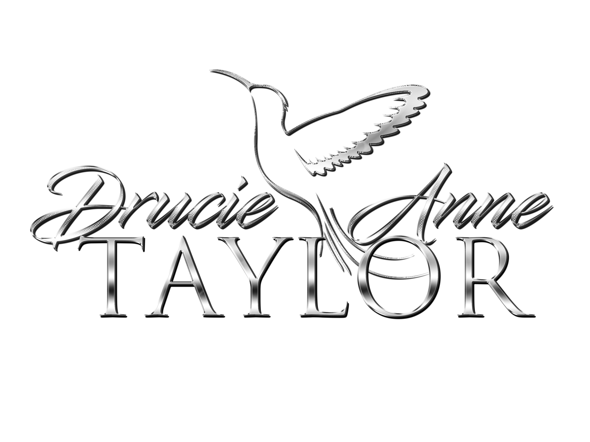 Silberner Schriftzug Drucie Anne Taylor mit Kolibri im Hintergrund