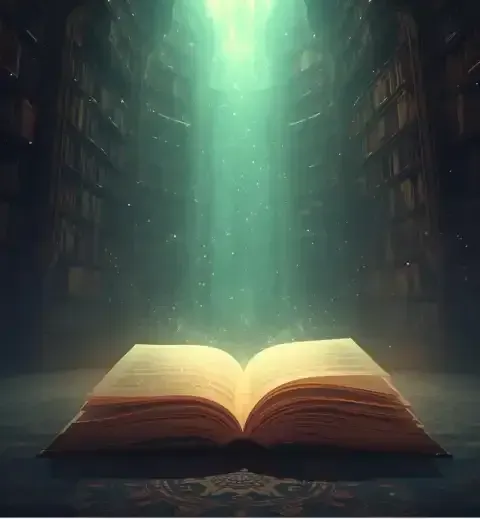 Foto von hohen Bücherregalen an den Wänden mit einem grün leuchtendem Licht das von oben in den Raum scheint