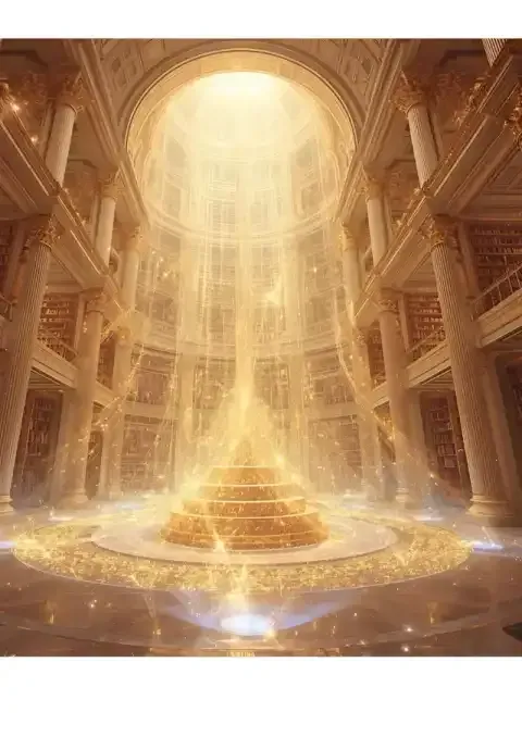 Foto eines Kuppelgebäudes von innen, durch die runde obere Öffnung der Decke leuchtet warmes Licht.