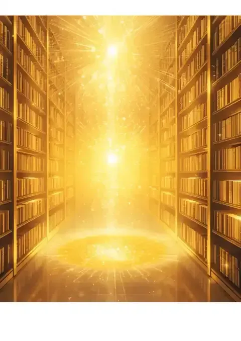 Foto von Bücherwänden, alles ist im goldenen Licht erleuchtet.