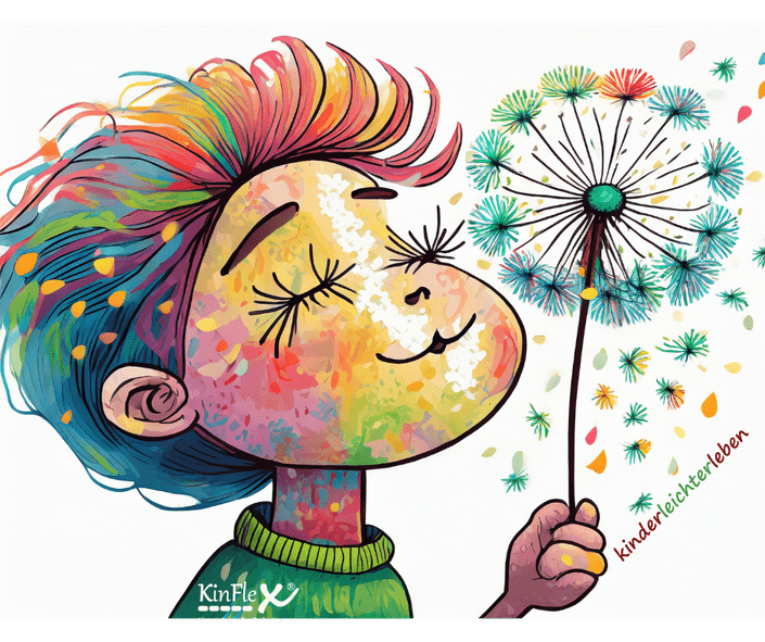 Kinflex-Elf Avel, ein bunter kleiner Elf der an einer Pusteblume riecht.