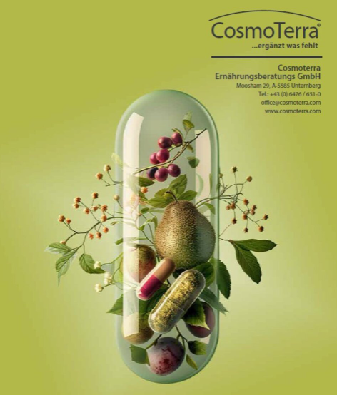 Foto von CosmoTerra, Ernährungsberatungs GmbH auf dem eine Glaskuppel mit Kräutern zu sehen ist, auf grünem Hintergrund