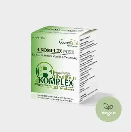 Verpackung in grün und weiß auf der steht B-Komplex Plus von ComoTerra