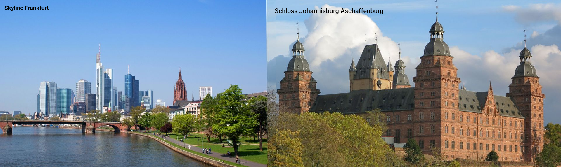 Panoramablick auf die Skyline mit modernen Wolkenkratzern an einem Fluss und einem historischen Backsteingebäude unter blauem Himmel