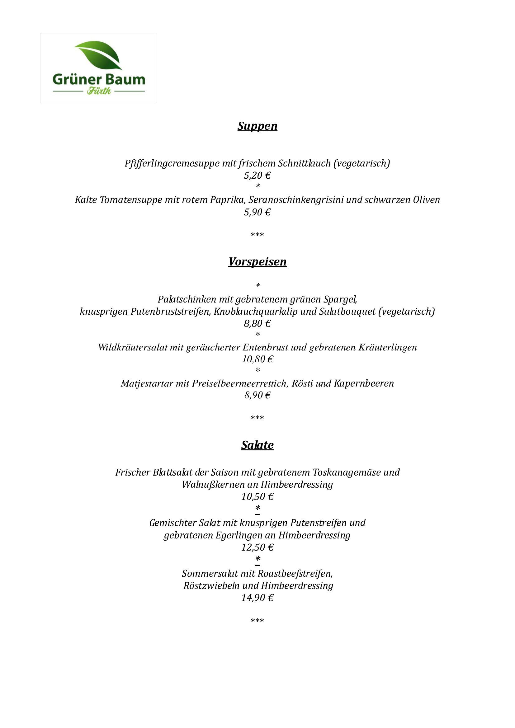 Speisekarte Grüner Baum Fürth