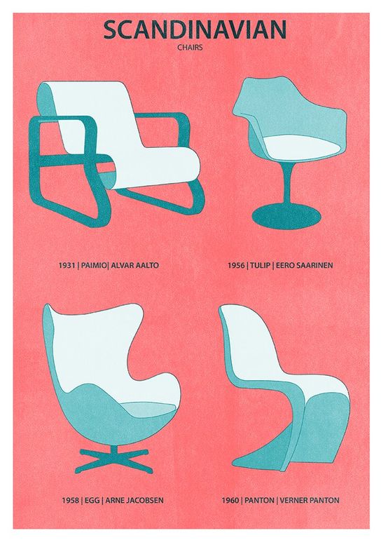 Scandinavian Chairs design furniture illustration poster print
