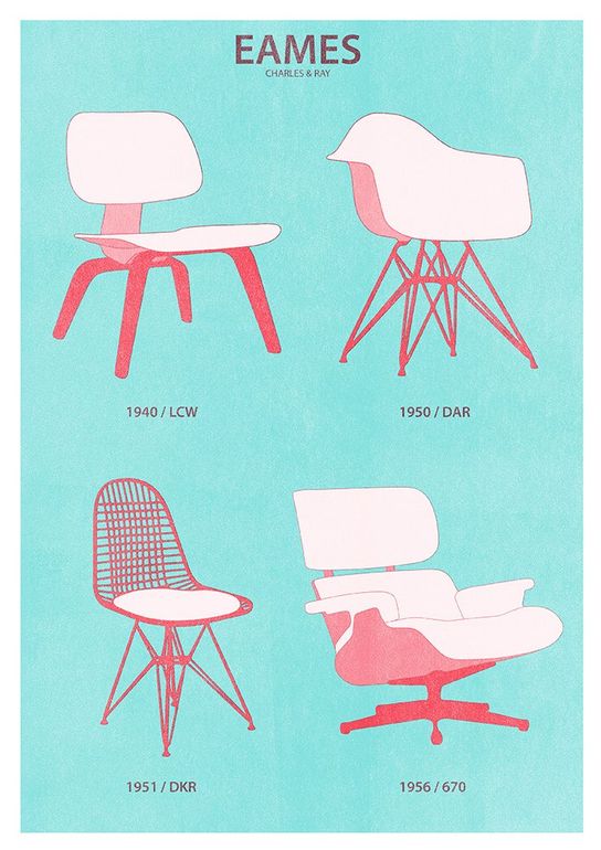Charles Ray Eames chairs furniture history design illustration poster print by Haus der Riso