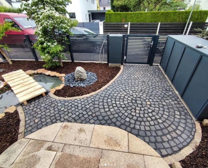 Basalt, Pflasterbau, Gartengestaltung, Vorgarten, Teich, Gartenbau, München