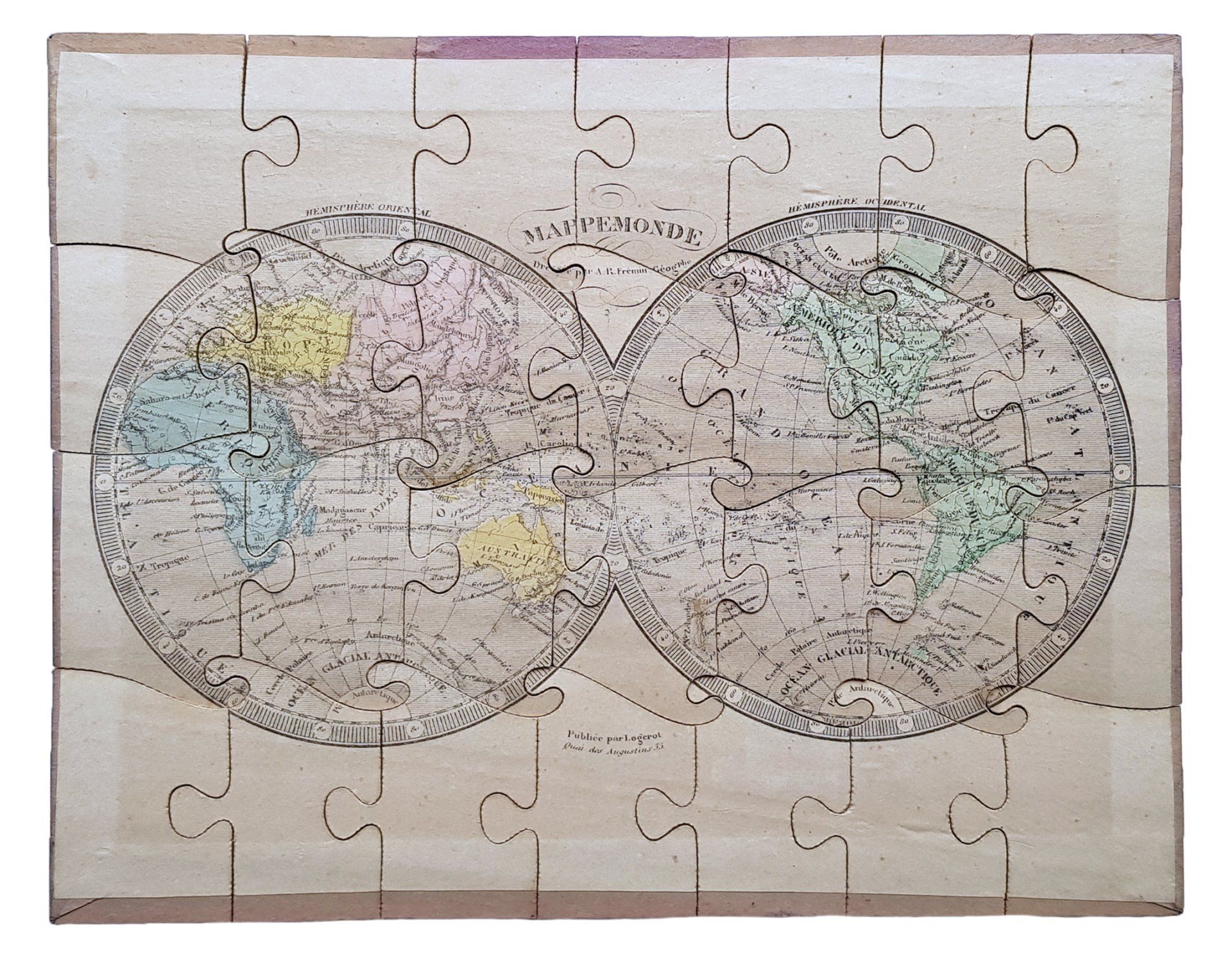 7 PUZZLES GÉOGRAPHIQUES Atlas. Paris, A. Logerot, [Circa 1850] cartes