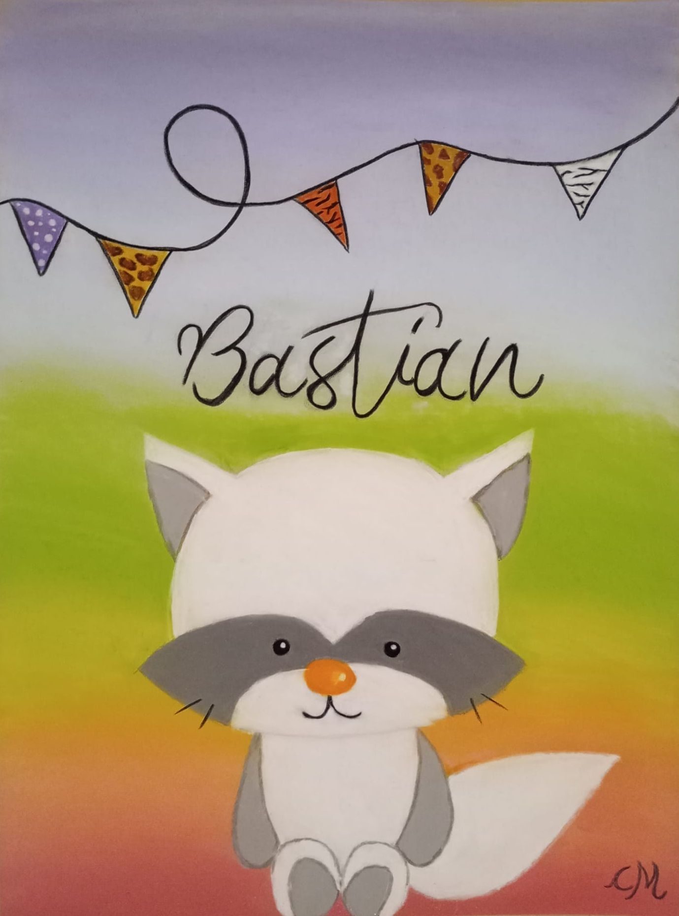 Niedliche, illustrierte Katze mit dem Namen „Bastian“ auf pastellfarbenem Hintergrund und Wimpelketten.