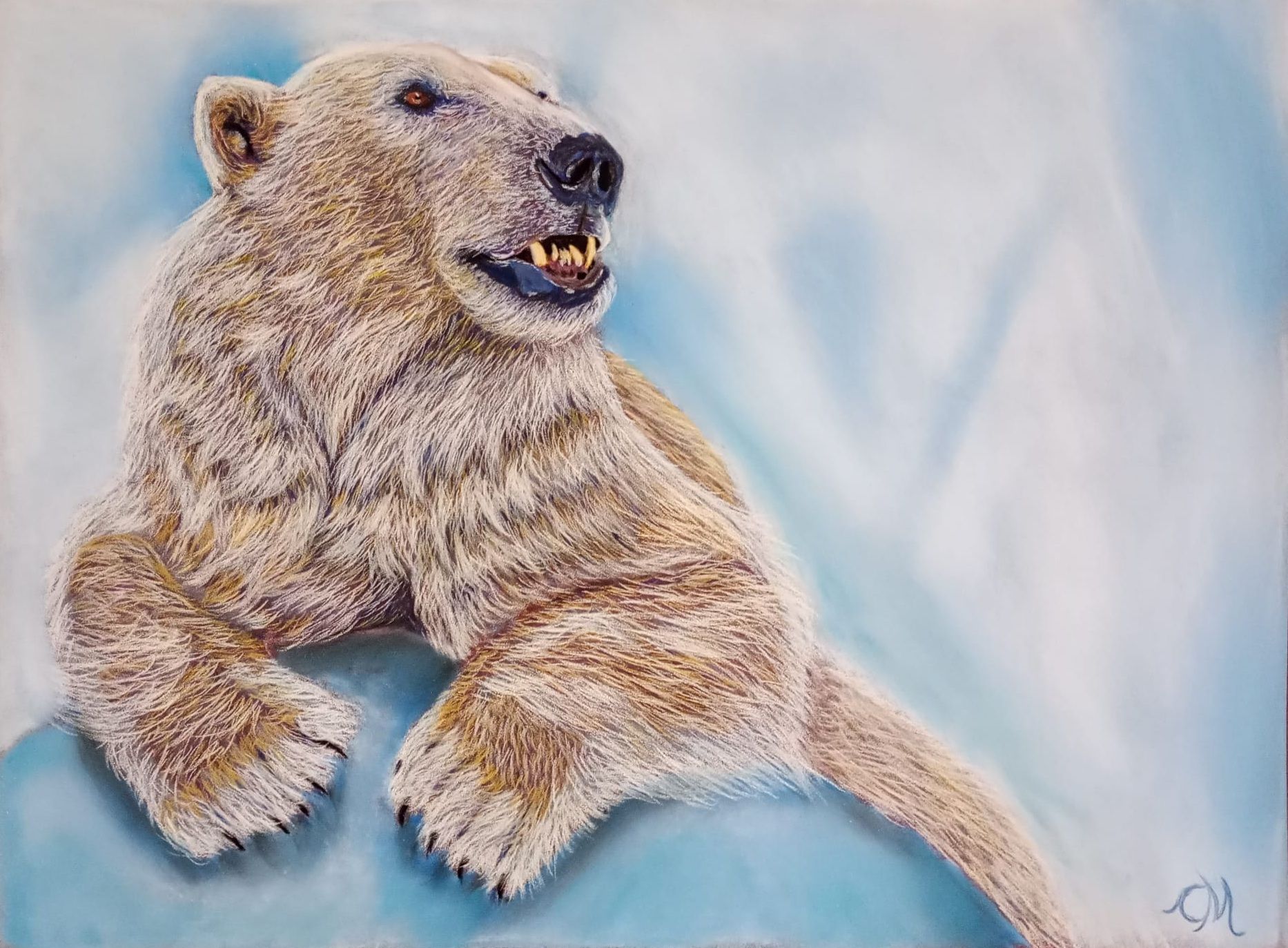 Pastell eines Eisbären, der auf hellblauem Hintergrund liegt, das Maul leicht geöffnet und die Pfoten nach vorn gestreckt.