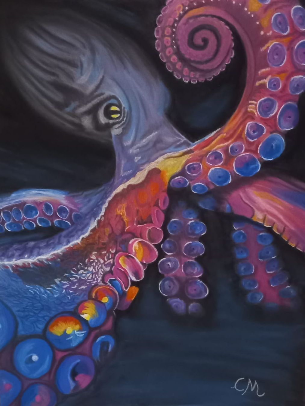 Lebhaftes abstraktes Motiv eines Oktopus mit eingerollten Tentakeln in Lila, Blau und Pink vor dunklem Hintergrund