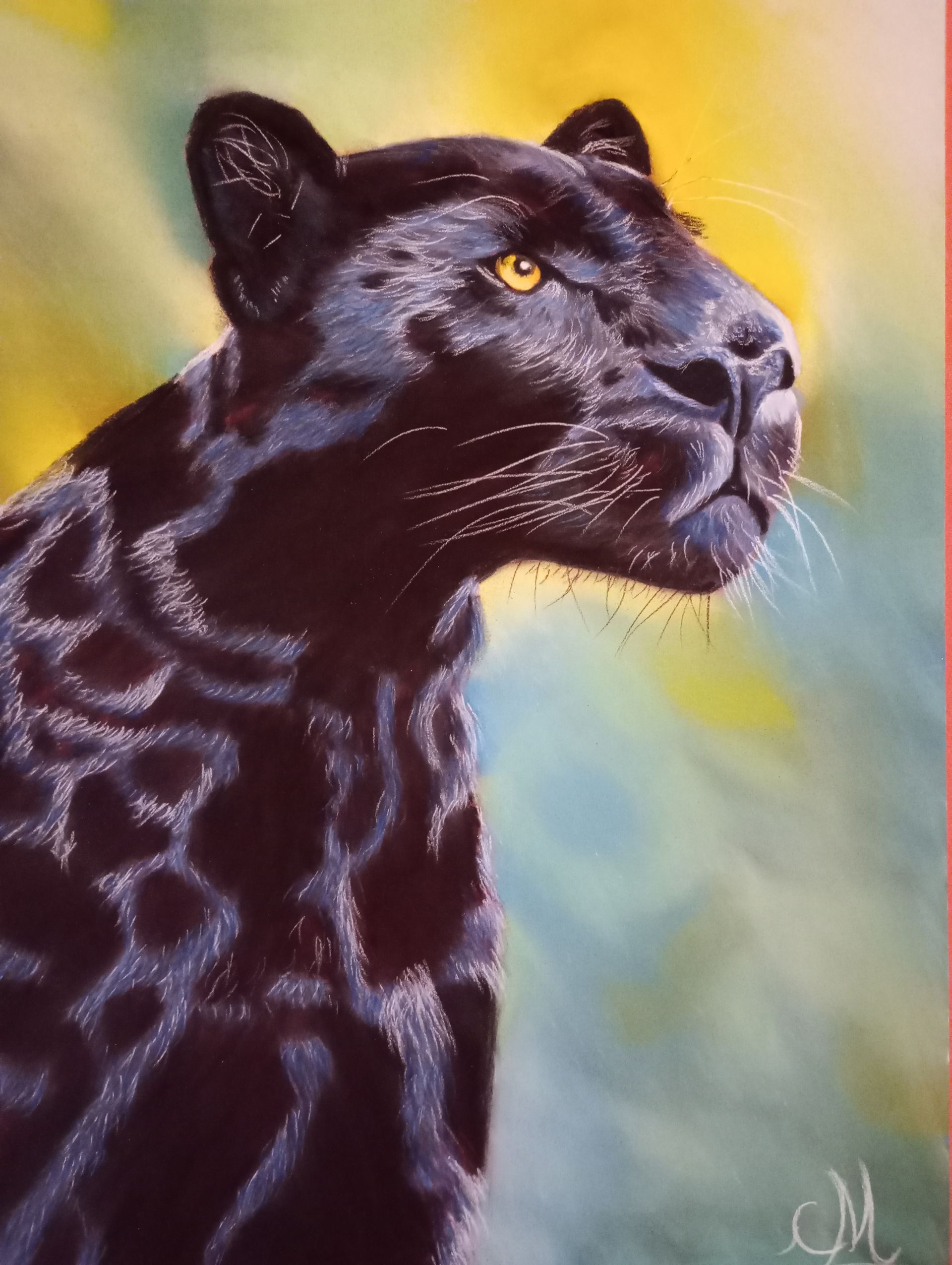 Profil eines schwarzen Panthers in malerischem Stil vor einem sanften gelbgrünen Hintergrund