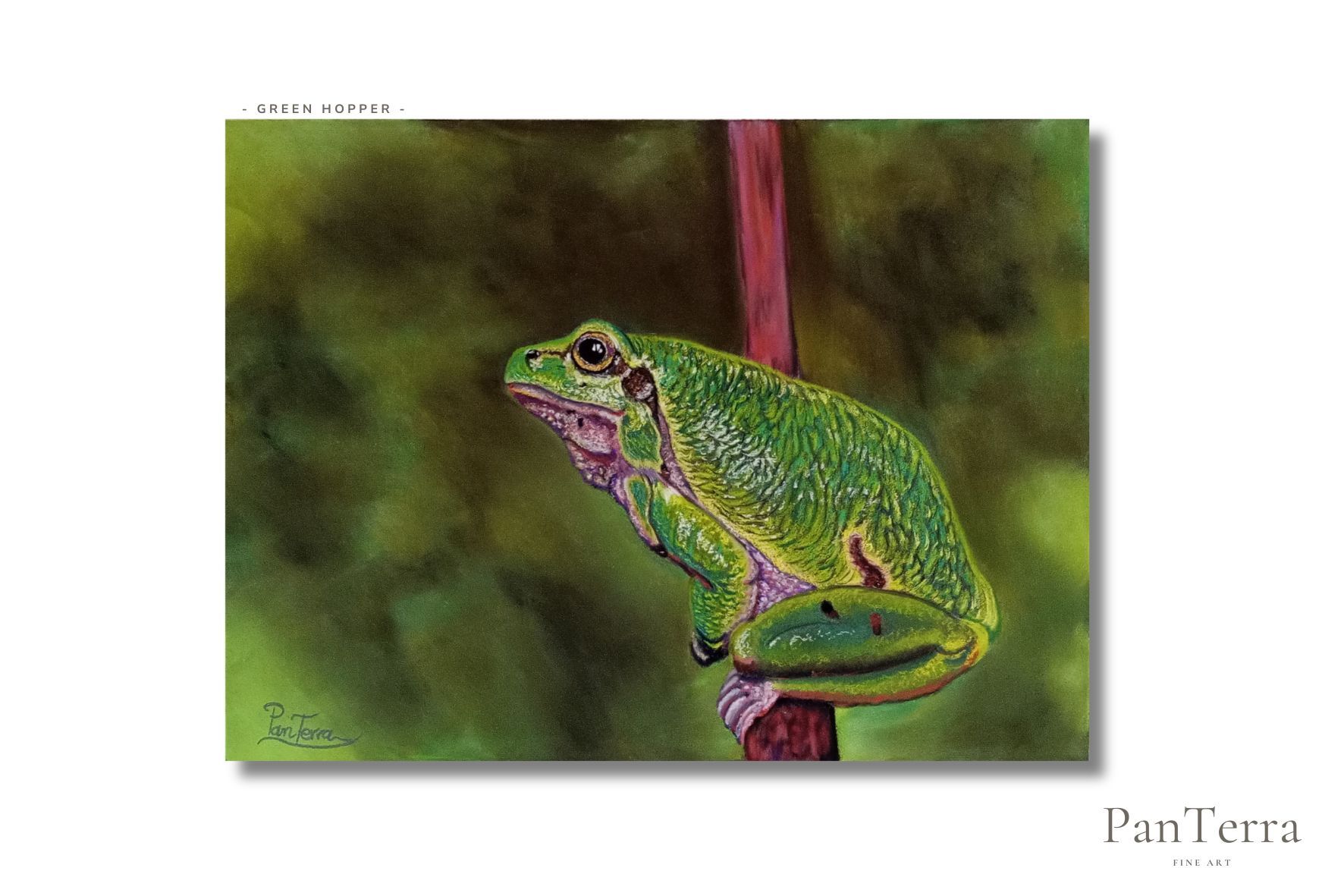 Grüner Laubfrosch, der sich an einem rosa Stängel festklammert, vor einem unscharfen Waldhintergrund.