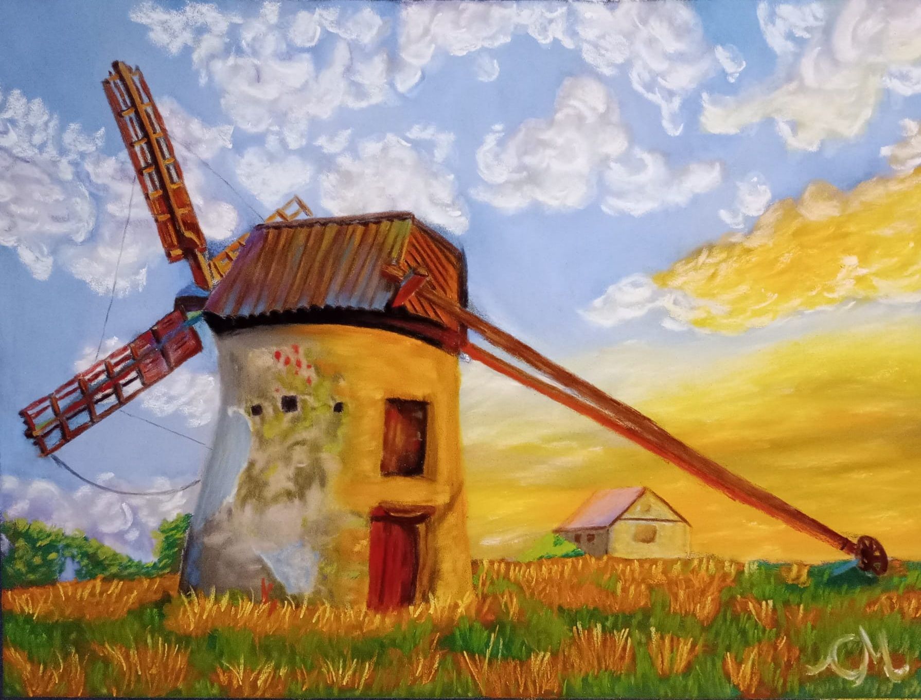 Lebendiges Gemälde einer rustikalen Windmühle auf einem Feld unter einem strahlend blauen und gelben Himmel