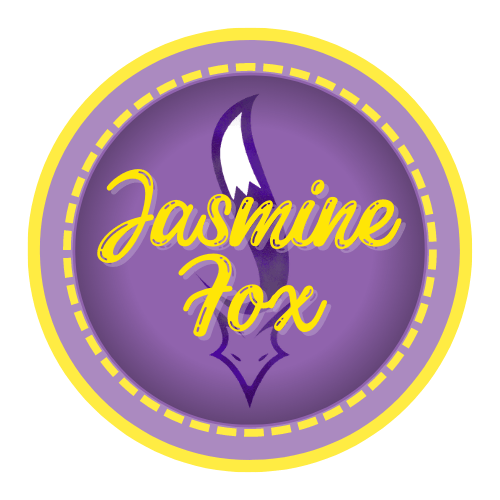 Logo of Young Adult author, Jasmine Fox, showing stylized quill where the fox's head is the nib, and the tail, shaped like a 'J' in place of a feather 