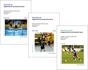 Drei sich überlappende Hefte zeigen das Produkt #Sportheft_bw (Heft A und Heft B) sowie #Sportheft_training