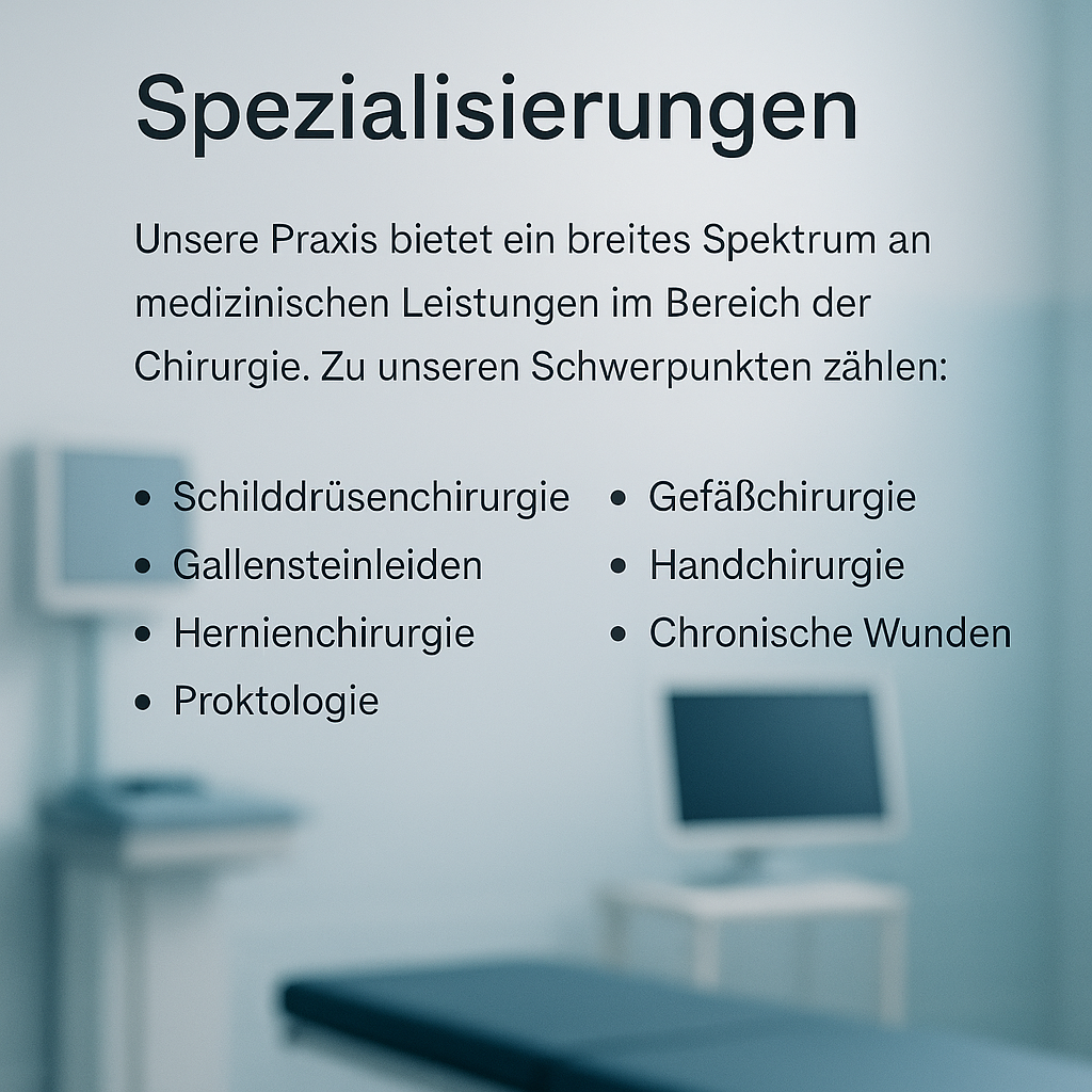 Spezialisierungen: Medizinische Praxis mit Schwerpunkt Chirurgie; listet Schilddrüsen-, Gefäß- und Handchirurgie auf.