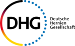Logo of Deutsche Hernien Gesellschaft (DHG), with black text and a partial circle in German flag colors.