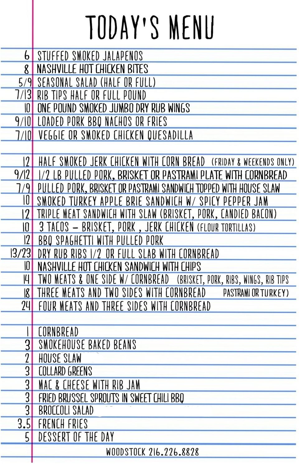Woodstock BBQ Menu