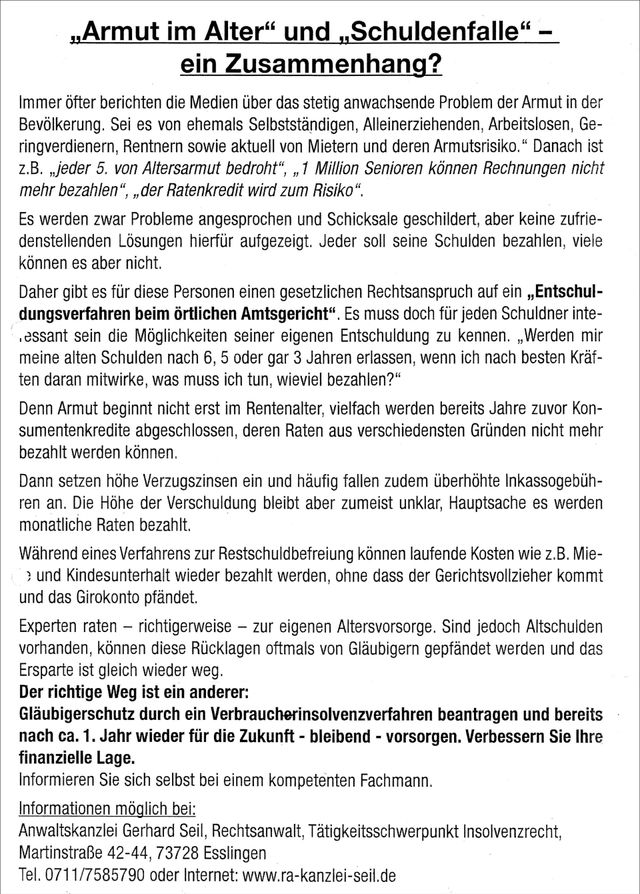 Rechtsanwalt Gerhard Seil Insolvenzberater Schuldenberater Entschuldung Schulden