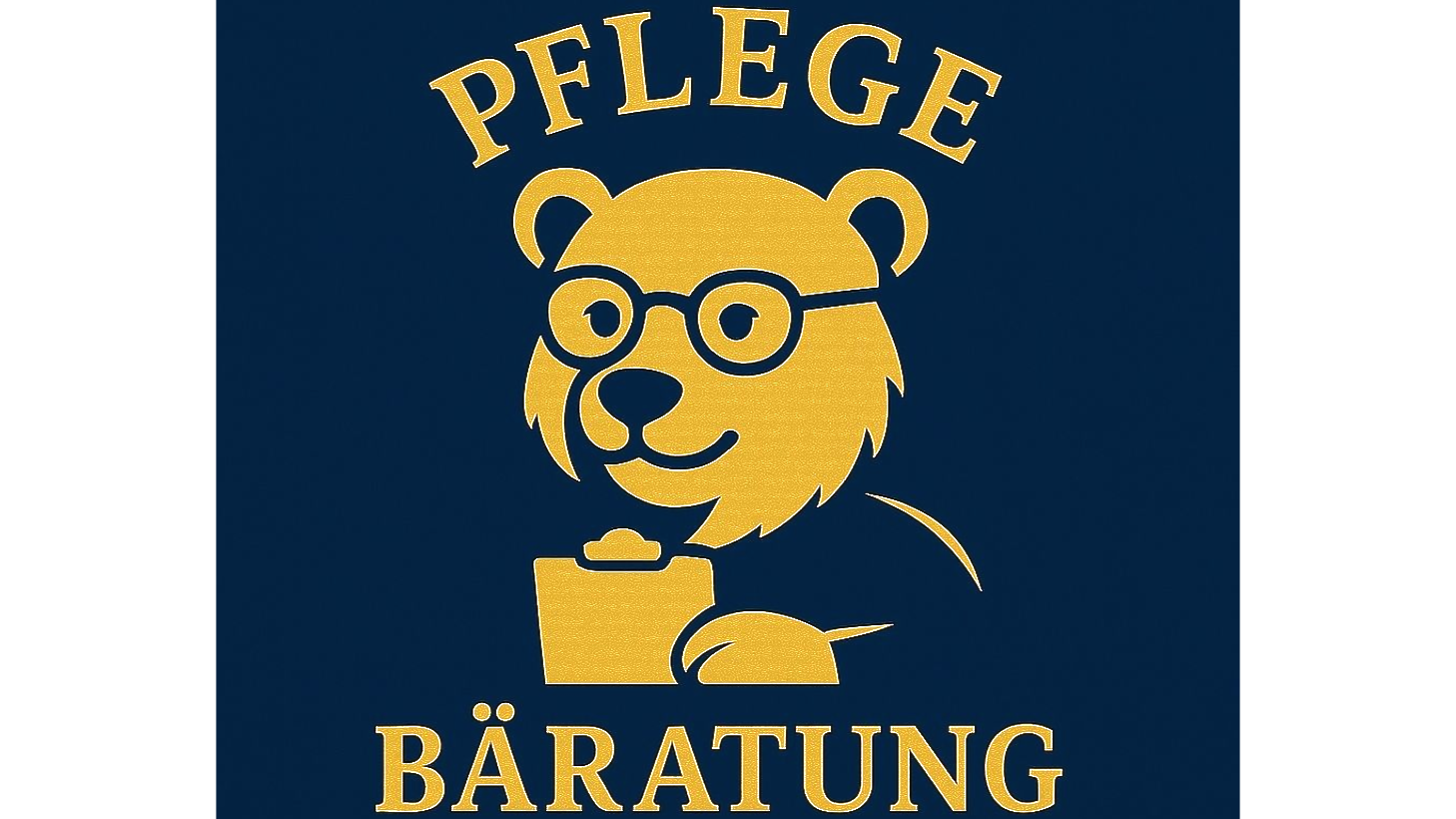Gelber Bär mit Brille, der ein Klemmbrett hält. Blauer Hintergrund mit den Wörtern „PFLEGE“ und „BERATUNG“.
