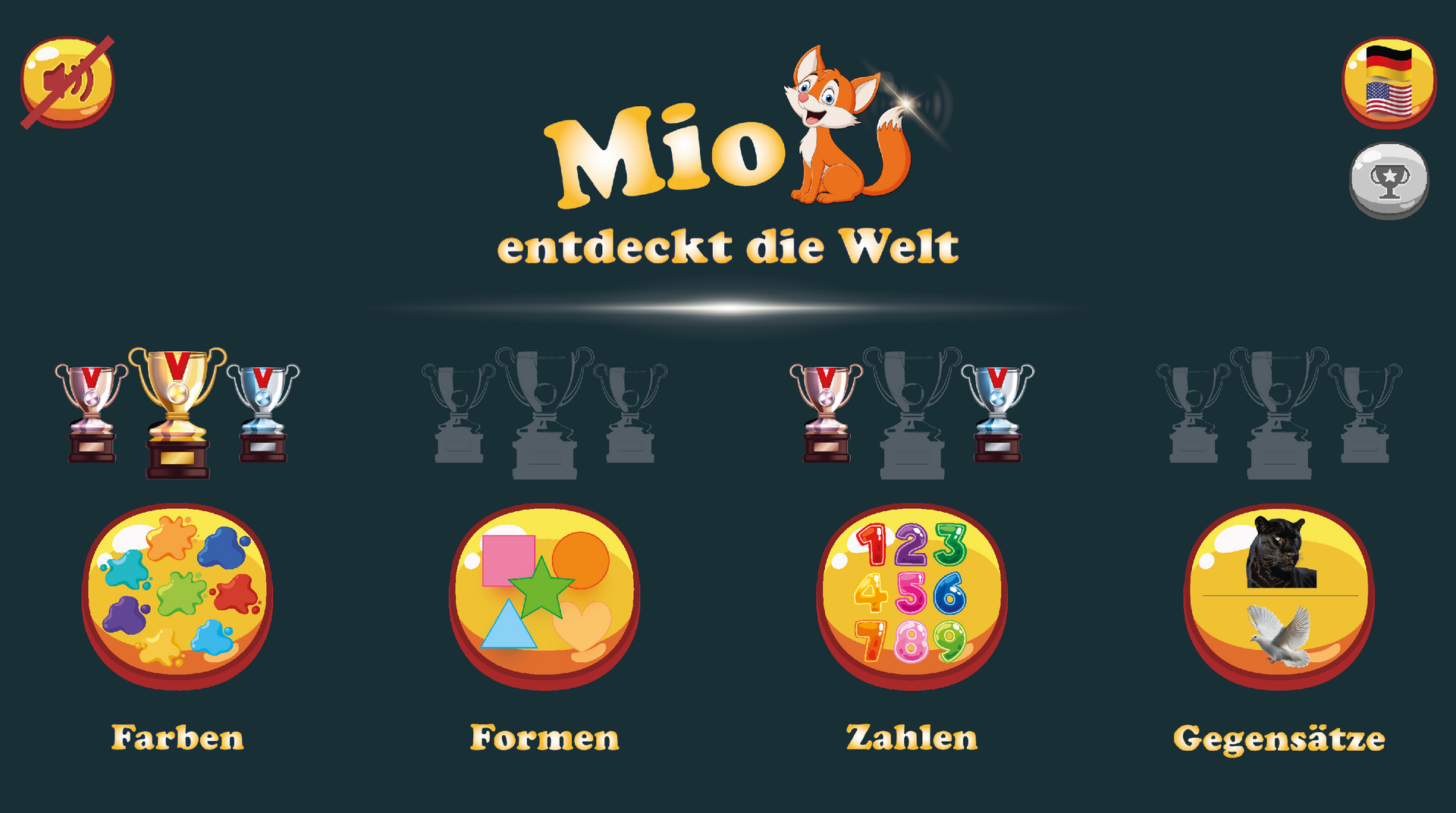 Hauptmenü der Lern-App „Mio entdeckt die Welt“ mit Schaltflächen für Farben, Formen, Zahlen und Gegensätze.