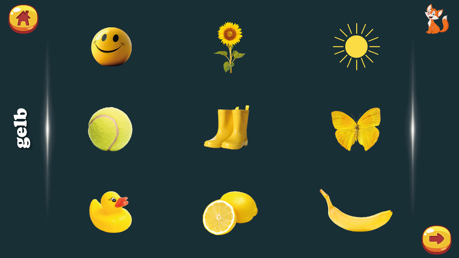 Ein mit „gelb“ beschrifteter Bildschirm zeigt neun gelbe Objekte: ein Smiley-Gesicht, eine Sonnenblume, eine Sonne, einen Ball, Stiefel, einen Schmetterling, eine Ente, eine Zitrone und eine Banane.