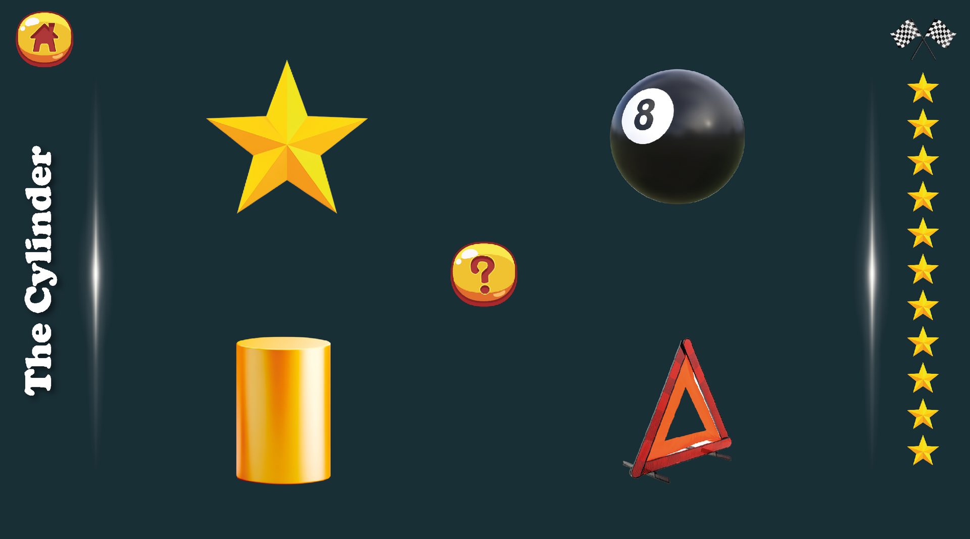 Ein Lernspielbildschirm mit vier Elementen: einem gelben Stern, einer 8-Ball-Kugel, einem gelben Zylinder und einem roten Dreieck mit einem Fragezeichen.