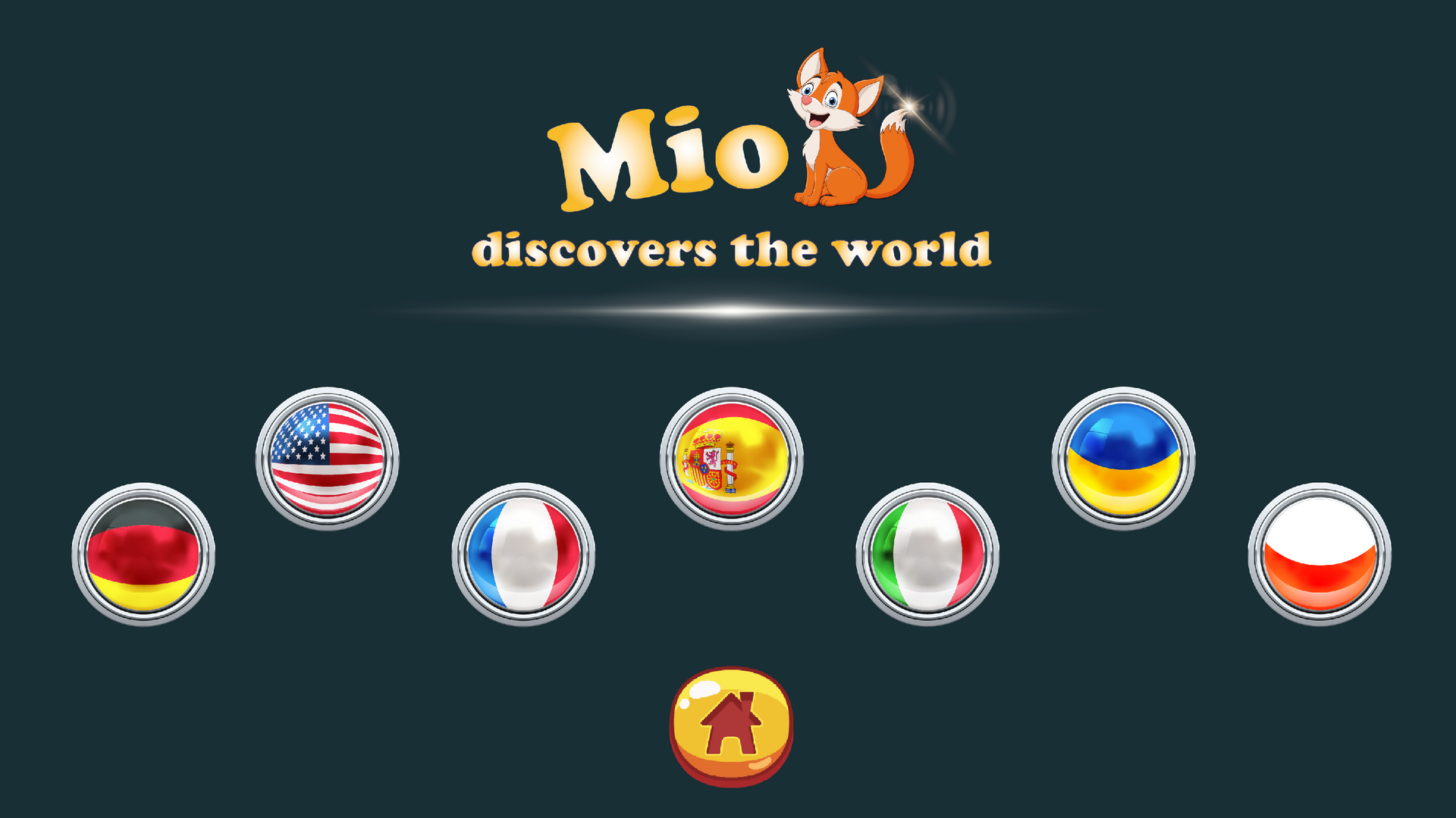 Sprachauswahlmenü für „Mio entdeckt die Welt“ mit einem Cartoon-Fuchs und kreisförmigen Flaggen-Symbolen auf dunklem Hintergrund.