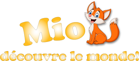 Logo représentant un renard de dessin animé et le texte « Mio entdeckt die Welt! » en jaune sur fond blanc.