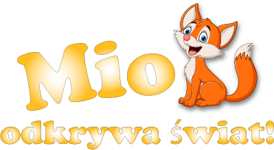 Uśmiechnięty kreskówkowy lis siedzi obok złotego tekstu „Mio entdeckt die Welt!” na białym tle.